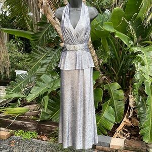 David Meister, silver halter look jeweled gown  with peplum